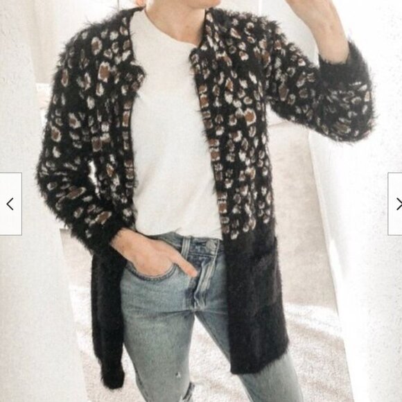Anthropologie Sweaters - LA FEE VERTE Anthropologie Black Brown Leopard Mohair Long Cardigan Sweater M